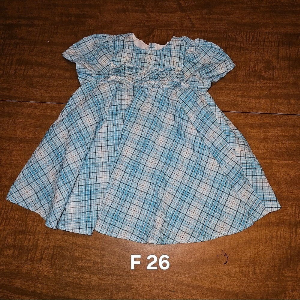 Vintage Girls Blue Plaid Dress 18-24 mos Bodice Ruching Full Skirt F26